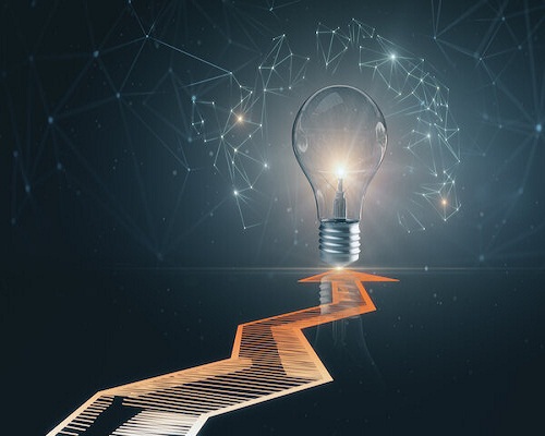Creative background with arrows and glowing lamp. Idea and innovation concept. 3D Rendering